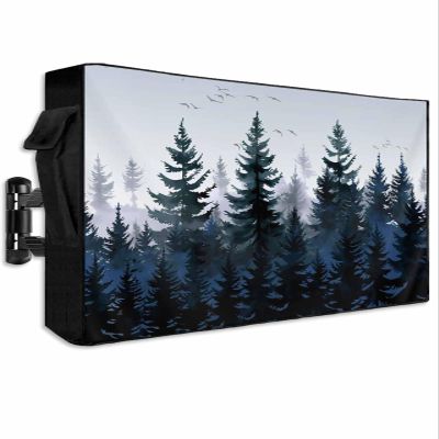 Forest Blue Trees Outdoor TV Cover Waterproof & Weatherproof TV Covers with Roll Up Front Flat for 60-65 Inch,Outside Zipper TV Screen Protector Enclosure Remote Control Pocket,Watercolor Nature Bird