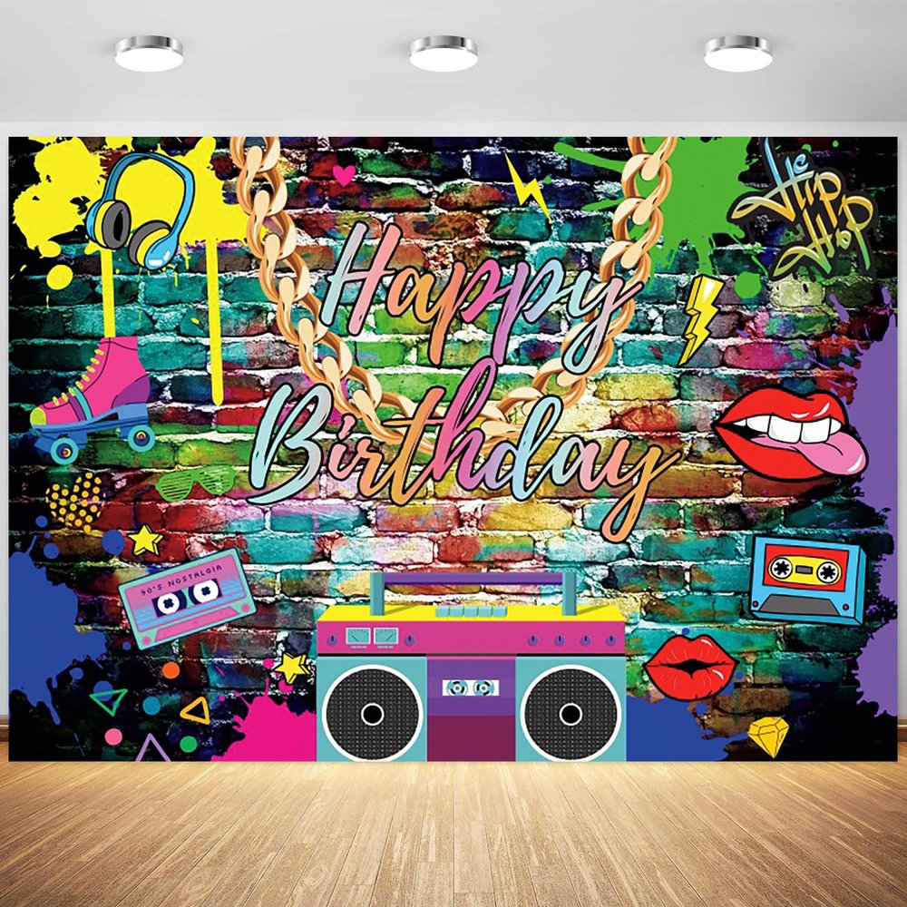 10x6.5ft Graffiti 80s 90s Backdrop Urban Retro Birthday Photography Background 80s 90s Hip Hop Birthday Party Cake Table Banner Decoration Supplies Photo Booth Props