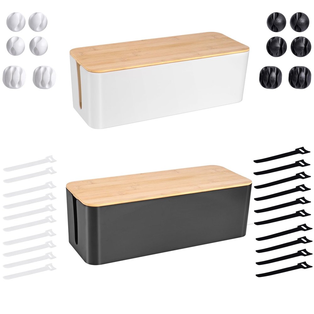 Cable Management Box -White Wooden Style Large Cord Organizer Box to Hide Wires Black Wooden Style Large Cord Organizer Box to Power Strips Cable Organizer Box for Home & Office 16" (L) x 6.2" (W) 5.3