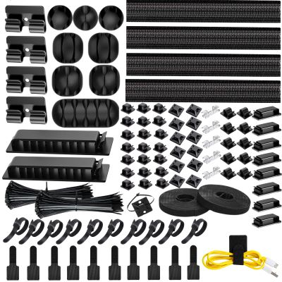 [313Pcs] Cable Management Kit, 67 Adhesive Cable Clips, Topavatop Desk Cord Organizer, 22 Reusable Cable Strap, 4 Cable Sleeve Split, 200 Nylon Cable Zip Ties with 20 Mounts for TV Office Home, Black