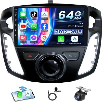 4 Core+64G ROM Car Radio for Ford Focus 2012 2013-2018: 9 Inch 1280x800 HD Touch Screen Car Stereo with Wireless CarPlay Android Auto Bluetooth WiFi GPS FM 1080P Backup Camera SWC Mirror Link
