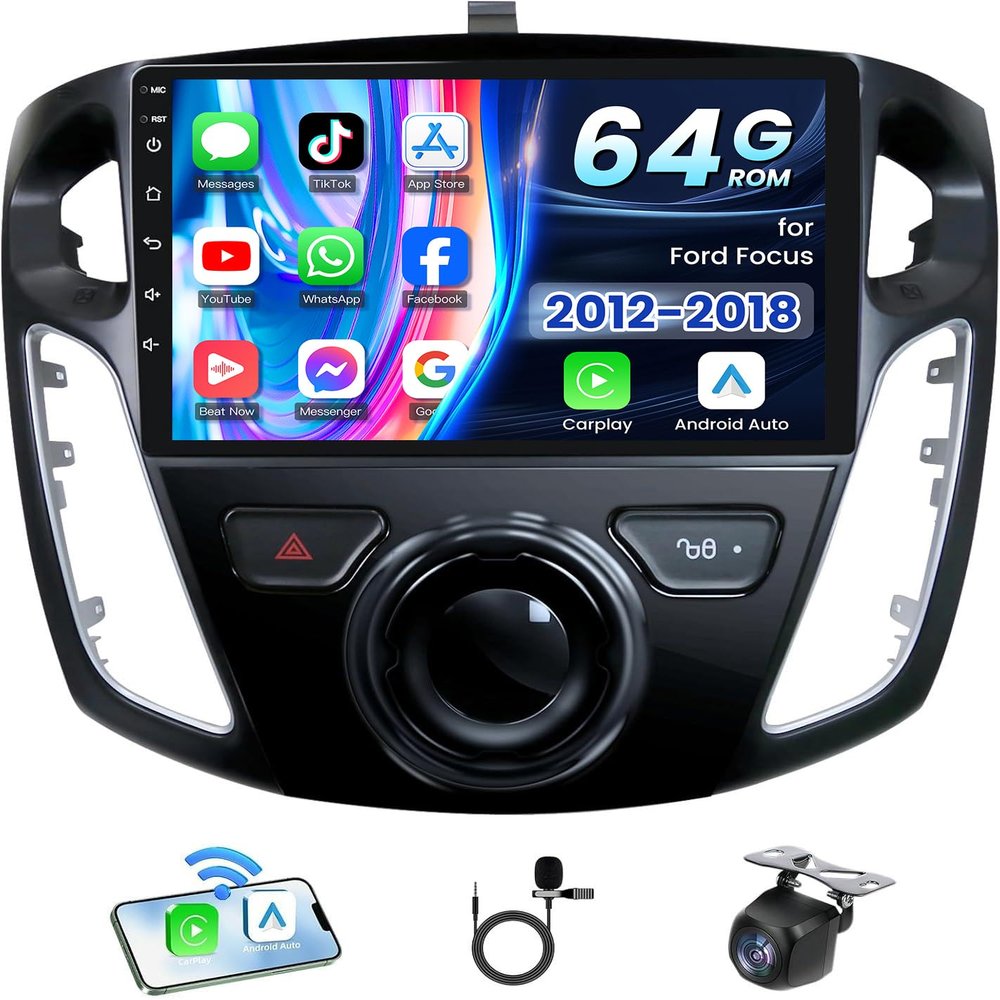 4 Core+64G ROM Car Radio for Ford Focus 2012 2013-2018: 9 Inch 1280x800 HD Touch Screen Car Stereo with Wireless CarPlay Android Auto Bluetooth WiFi GPS FM 1080P Backup Camera SWC Mirror Link