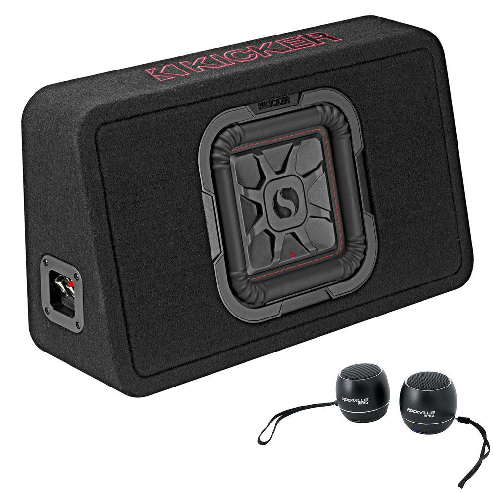 Audiosavings Bundle: (1) KICKER 46TL7T82 L7T 8" 350w SOLO BARIC Subwoofer In Thin Profile Enclosure Bundle with (2) Rockville RPB3-BLACK Handheld Wireless Linking Portable Bluetooth Speakers (3 Items)