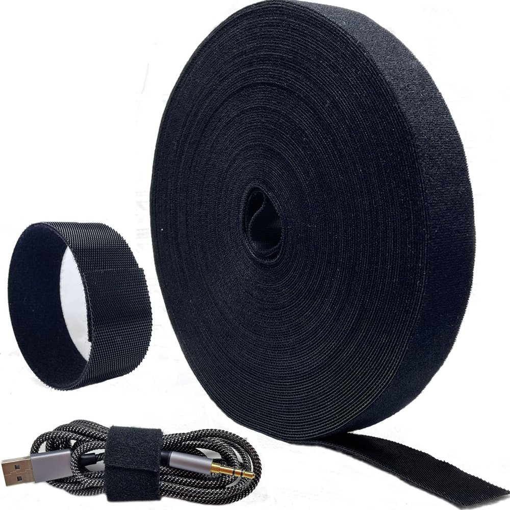 Wide 1" 82 Ft Long Hook and Loop Cable Straps, Nylon Tie Down Strips, Double-sided Use, Free Cut Length, Reusable, Black