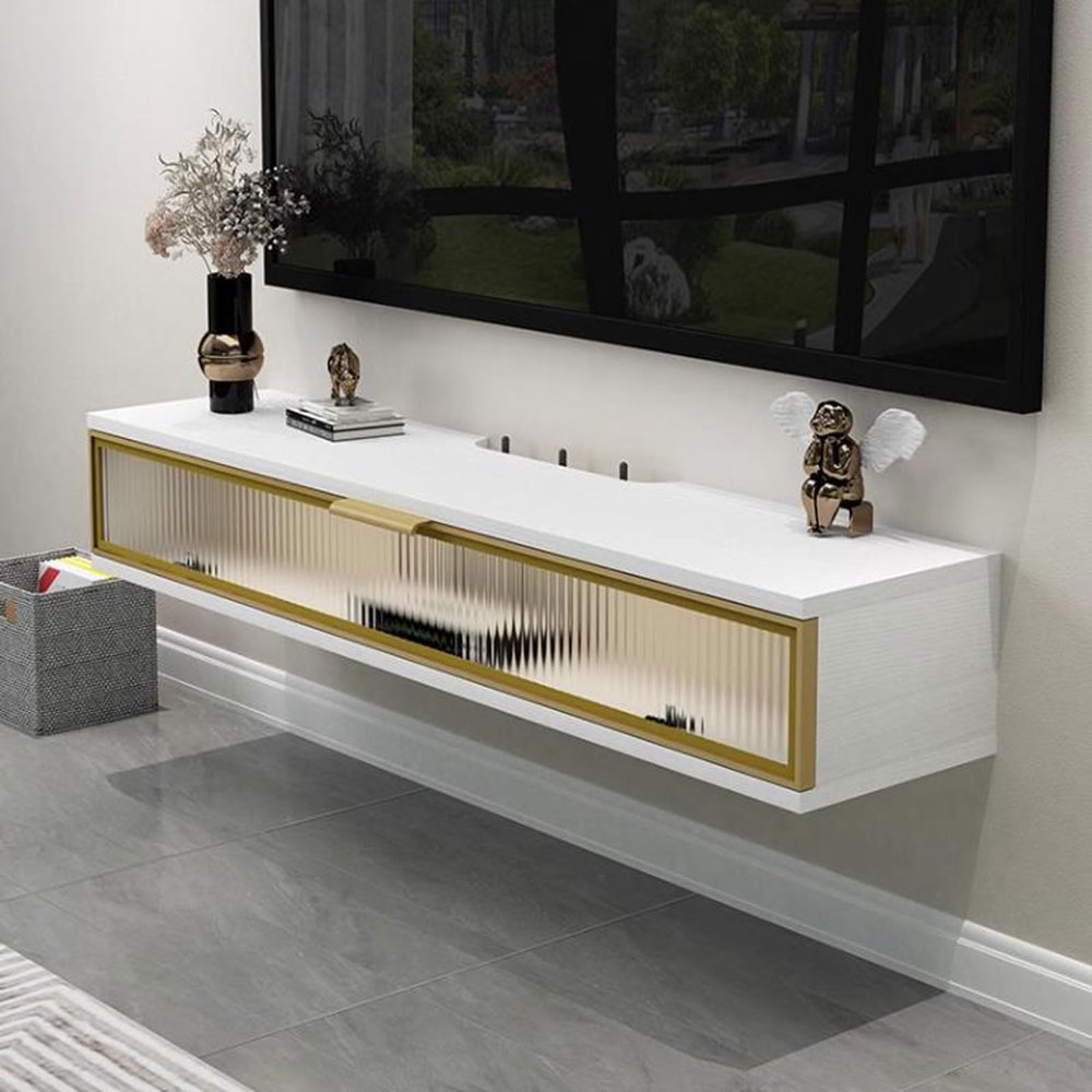 KOWJIFH Wall Mounted TV Cabinet Floating TV Shelf Wall Shelf Book Shelf Gaming Shelf Media TV Console Storage Shelf TV Wall Bracket WiFi Router Set top Box CD DVD TV Stands Wall Mount Corner Shelves
