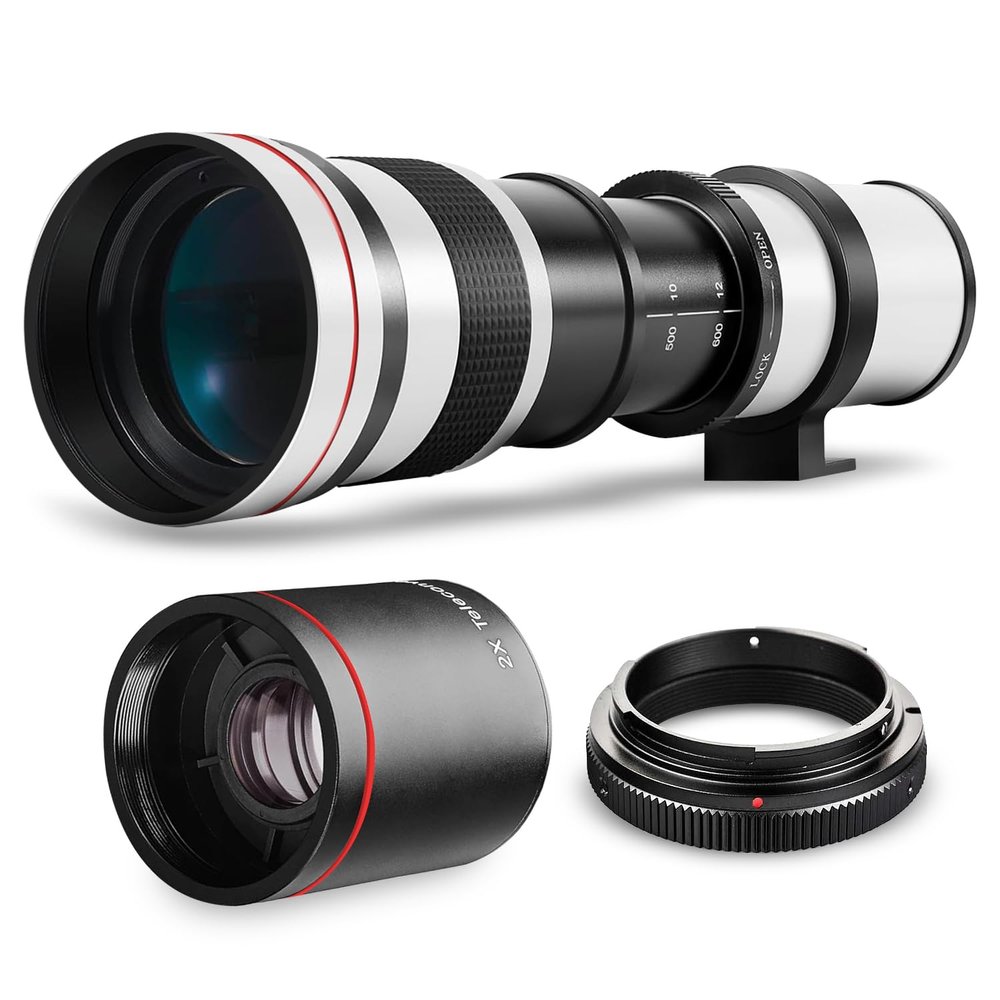 High-Power 420-1600mm f/8.3 HD Manual Telephoto Zoom Lens for Canon EOS 80D, 90D, Rebel T3, T5, T7, 70D, 5D, 6D II, 7D II Cameras WHITE
