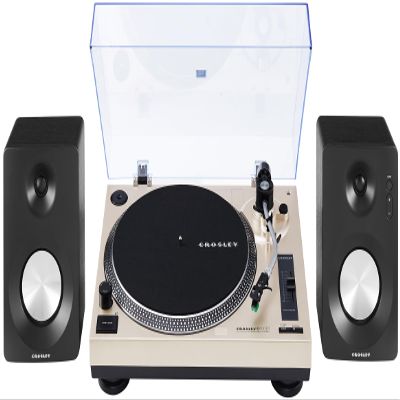 Crosley KT100BT-CP Belt-Drive Bluetooth Turntable Stereo System with Speakers, Champagne