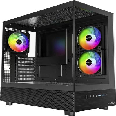 MONTECH XR-B, ATX Mid-Tower PC Gaming Case, 3x120mm ARGB PWM Fans Pre-Installed, Full-View Dual Tempered Glass Panel, Wood-Grain Design I/O Interface, 4090 GPUs, 360mm Radiator Support, Black