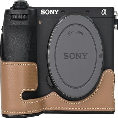 A6700 Case, BMAOLLONGB Handmade Genuine Real Leather Metal Bottom Half Camera Case Bag Cover for Sony Alpha A6700 with Hand Strap (Brown)