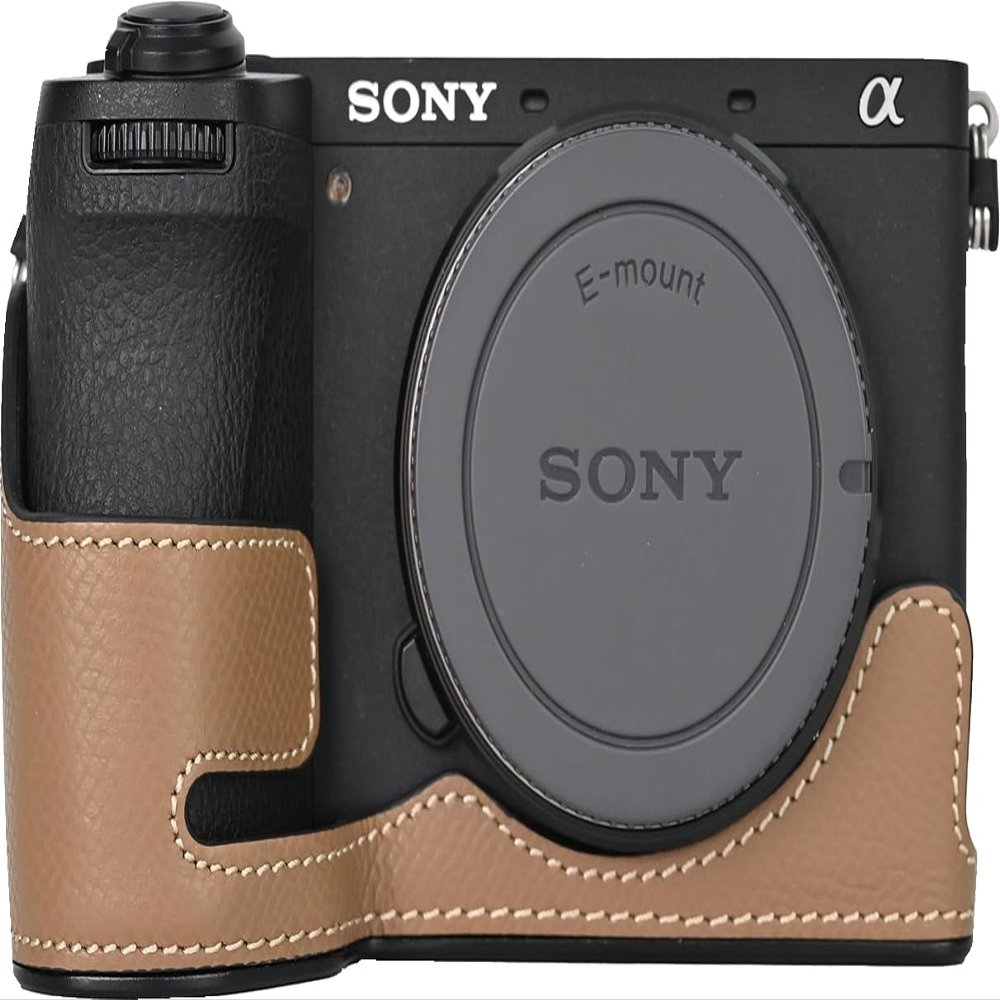 A6700 Case, BMAOLLONGB Handmade Genuine Real Leather Metal Bottom Half Camera Case Bag Cover for Sony Alpha A6700 with Hand Strap (Brown)