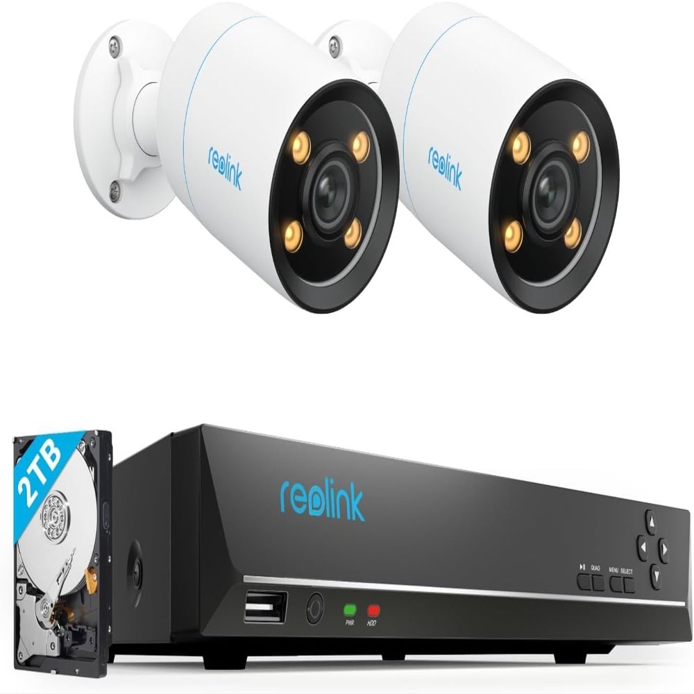 REOLINK CX810-4K PoE Security Camera Outdoor with F1.0 Aperture, 4K 8CH Network Video Recorder, 2 CX810 with 1x RLN8-410 (Built-in 2TB HDD) Video Recorder