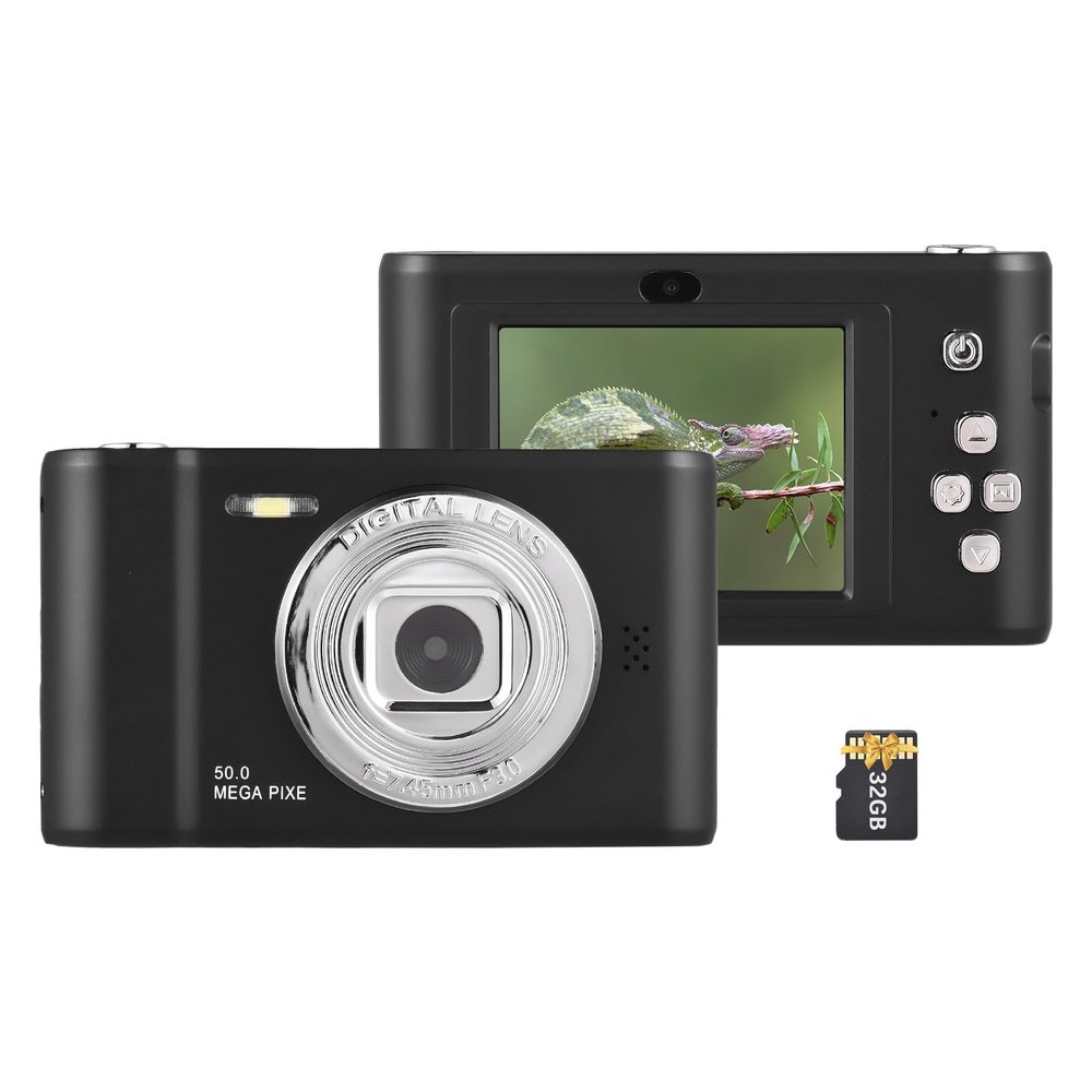 Camnoon 1080P Digital Camera Digital Video Camera 50MP Photo Dual Lens 2.4 Inch Screen 8X Digital Zoom Built-in Flash Battery with 32GB TF Card Birthday Festival Gift for Kids Students Teenagers