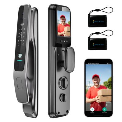Jacchozhi 3D Face Recognition Video Smart Lock with Camera,Keyless Entry Fingerprint Smart Mortise Lock for Front Door,Built-in WiFi,Doorbell,4-inch HD Screen,Glass Keypad,Auto-Lock,Waterproof
