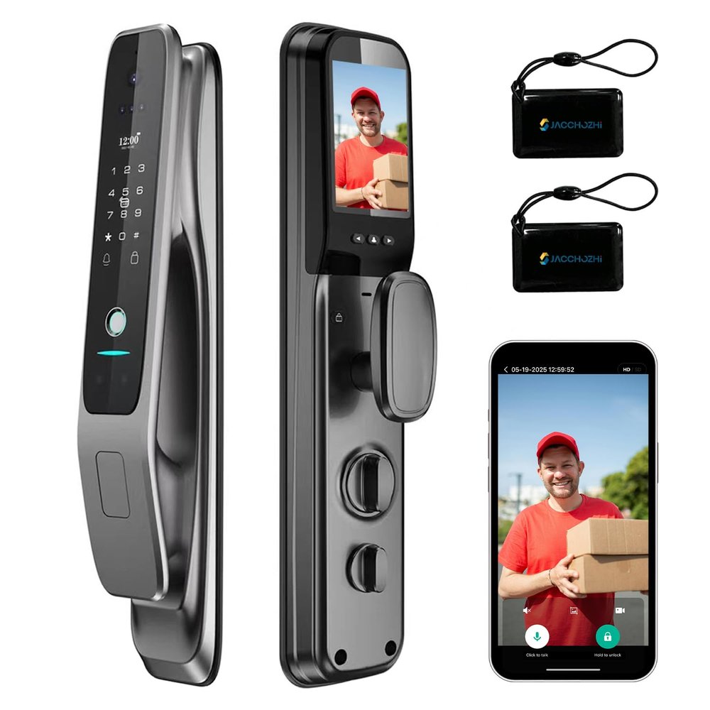 Jacchozhi 3D Face Recognition Video Smart Lock with Camera,Keyless Entry Fingerprint Smart Mortise Lock for Front Door,Built-in WiFi,Doorbell,4-inch HD Screen,Glass Keypad,Auto-Lock,Waterproof