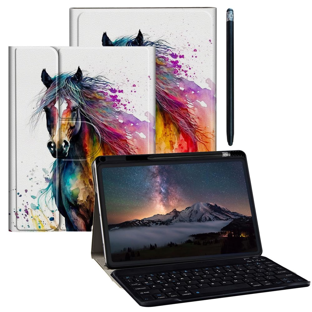 BPQOJB for Galaxy Tab A9 Plus Case with Detachable Wireless Keyboard & 360 Degree Rotating Stand Protect Cover Acrylic Tablet Case for Samsung Galaxy Tab A9 Plus 11 inch 2023 - Watercolor Horse