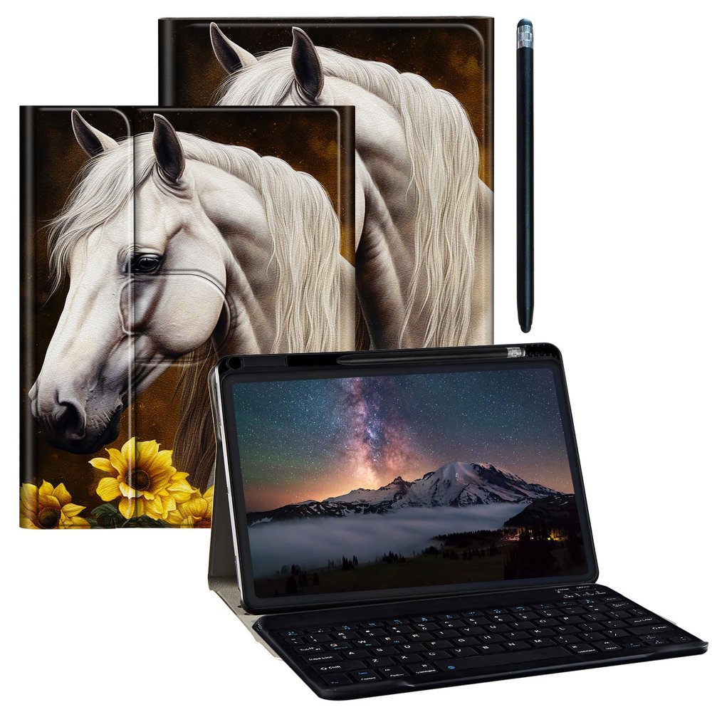 BPQOJB for Galaxy Tab A9 Plus Case with Detachable Wireless Keyboard & 360 Degree Rotating Stand Protect Cover Acrylic Tablet Case for Samsung Galaxy Tab A9 Plus 11 inch 2023 - Sunflowers White Horse