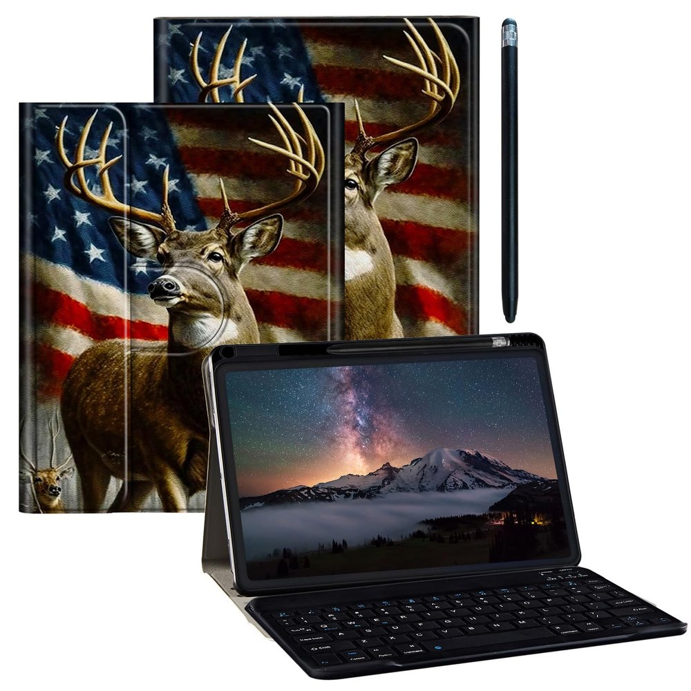 BPQOJB for Galaxy Tab A9 Plus Case with Detachable Wireless Keyboard & 360 Degree Rotating Stand Protect Cover Acrylic Tablet Case for Samsung Galaxy Tab A9 Plus 11 inch 2023 - Flag Deer