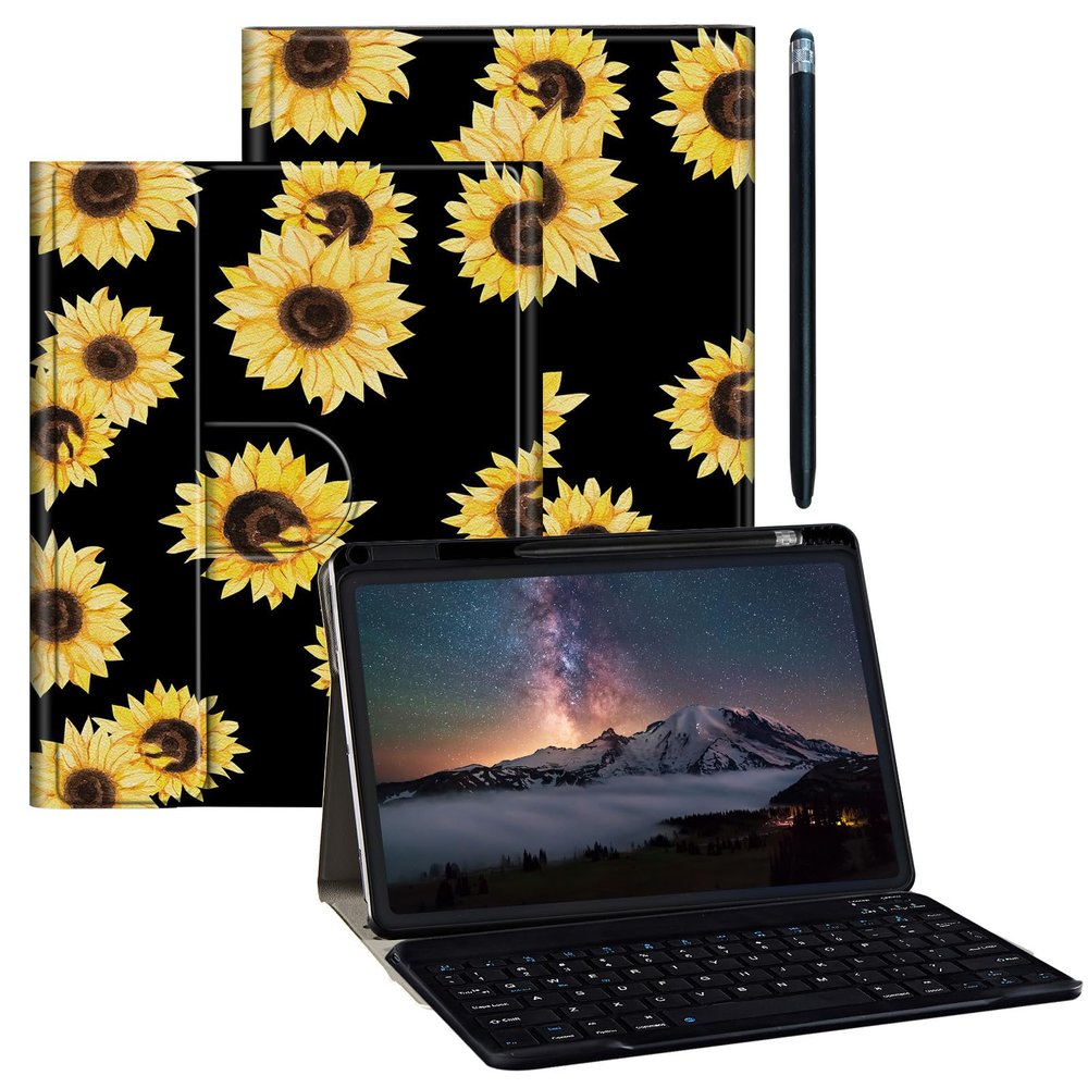 BPQOJB for Galaxy Tab A9 Plus Case with Detachable Wireless Keyboard & 360 Degree Rotating Stand Protect Cover Acrylic Tablet Case for Samsung Galaxy Tab A9 Plus 11 inch 2023 - Yellow Sunflowers Black