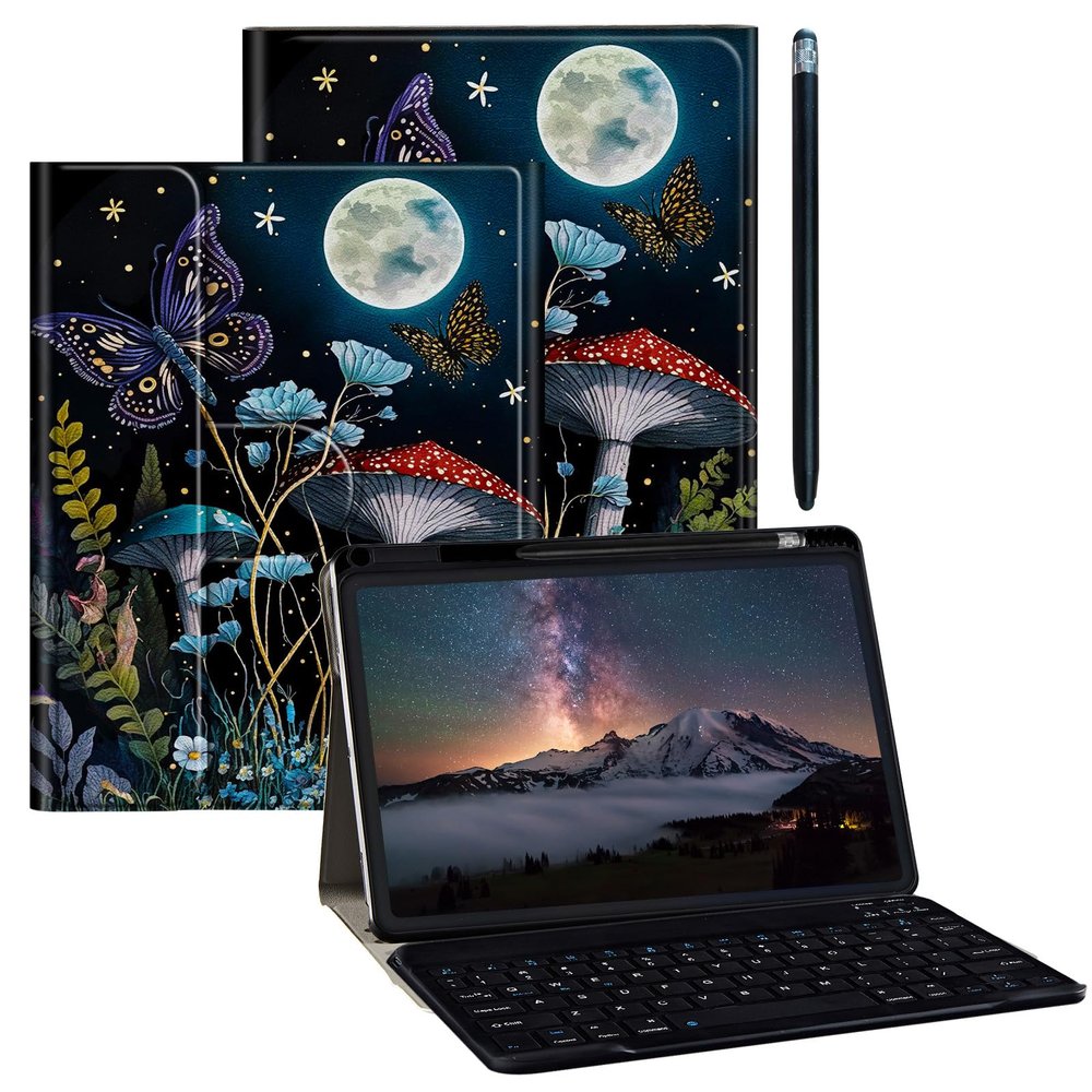 BPQOJB for Galaxy Tab A9 Plus Case with Detachable Wireless Keyboard & 360 Degree Rotating Stand Protect Cover Acrylic Tablet Case for Samsung Galaxy Tab A9 Plus 11 inch 2023 - Mushroom Butterfly Moon