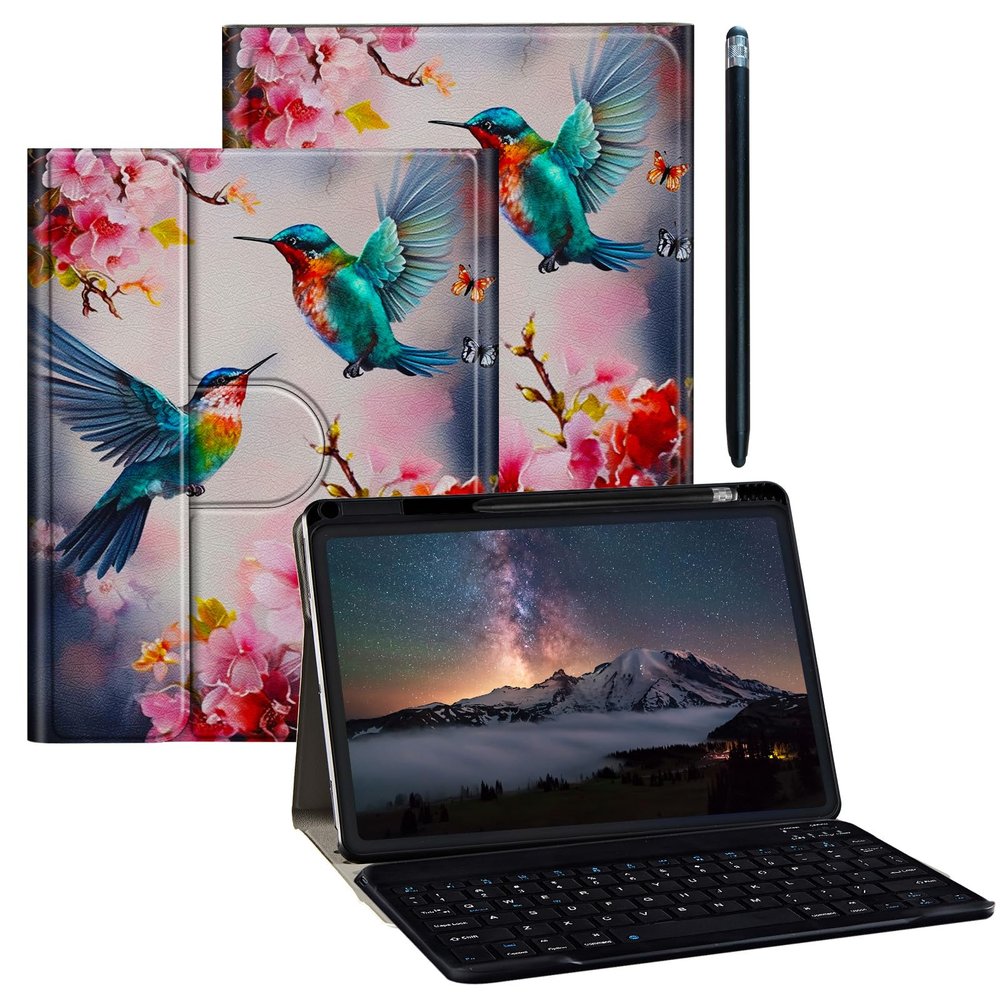 BPQOJB for Galaxy Tab A9 Plus Case with Detachable Wireless Keyboard & 360 Degree Rotating Stand Protect Cover Tablet Case for Samsung Galaxy Tab A9 Plus 11 inch 2023 - Hummingbird Cherry Blossoms