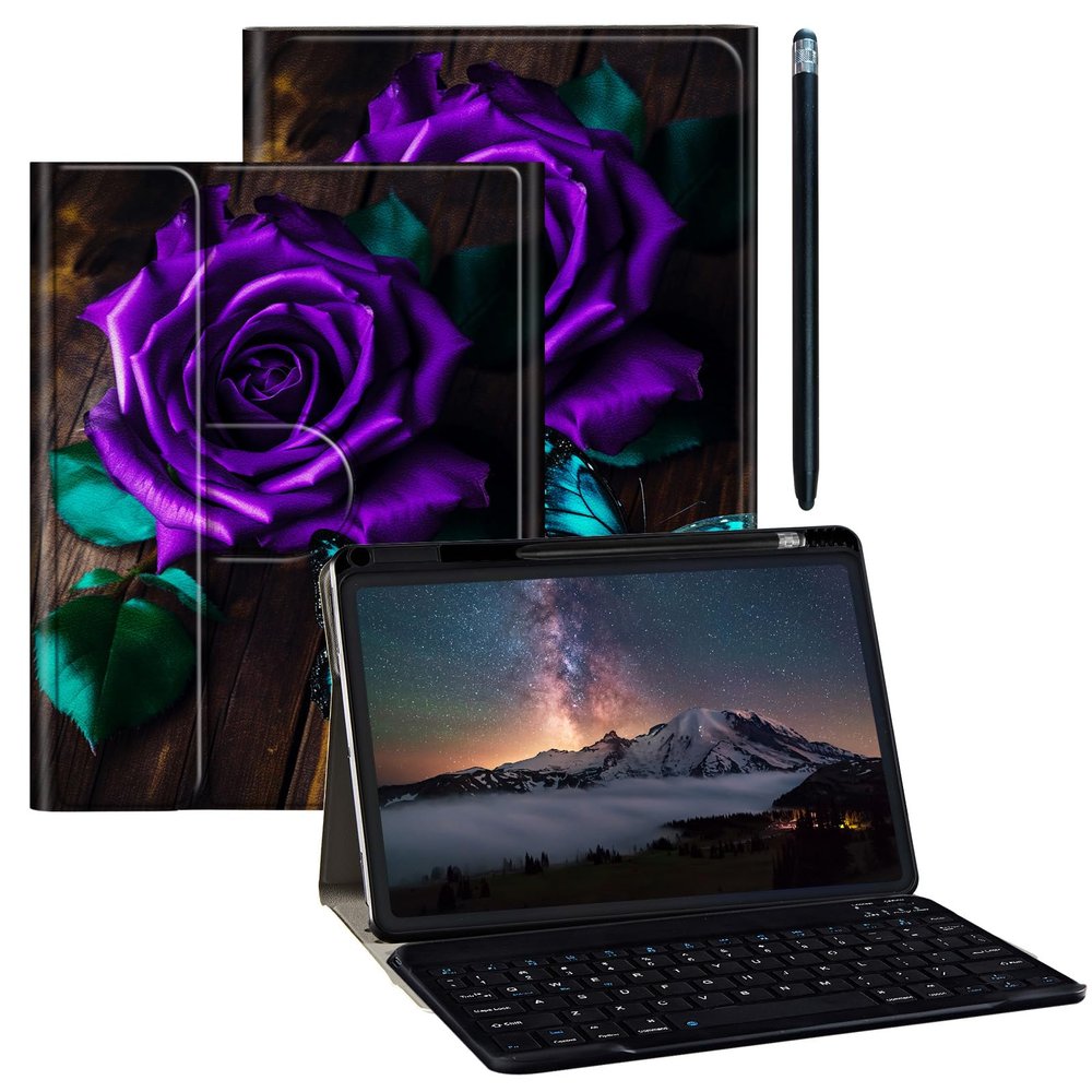 BPQOJB for Galaxy Tab A9 Plus Case with Detachable Wireless Keyboard & 360 Degree Rotating Stand Protect Cover Acrylic Tablet Case for Samsung Galaxy Tab A9 Plus 11 inch 2023 - Blue Butterfly and Rose
