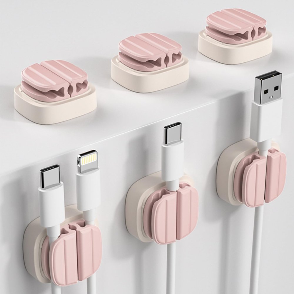 IFNOW 3-in-1 Cable Spring Holder Clips Pink 6 Pack Self Adhesive Cord Holder Under Desk Cable Management for Home,Office,Car,Desk,Nightstand
