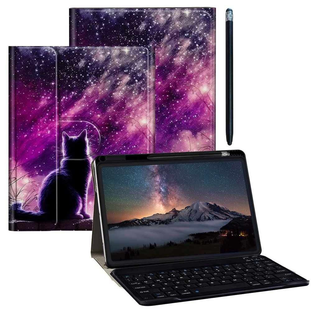 BPQOJB for Galaxy Tab A9 Plus Case with Detachable Wireless Keyboard & 360 Degree Rotating Stand Protect Cover Acrylic Tablet Case for Samsung Galaxy Tab A9 Plus 11 inch 2023 - Galaxy Cat