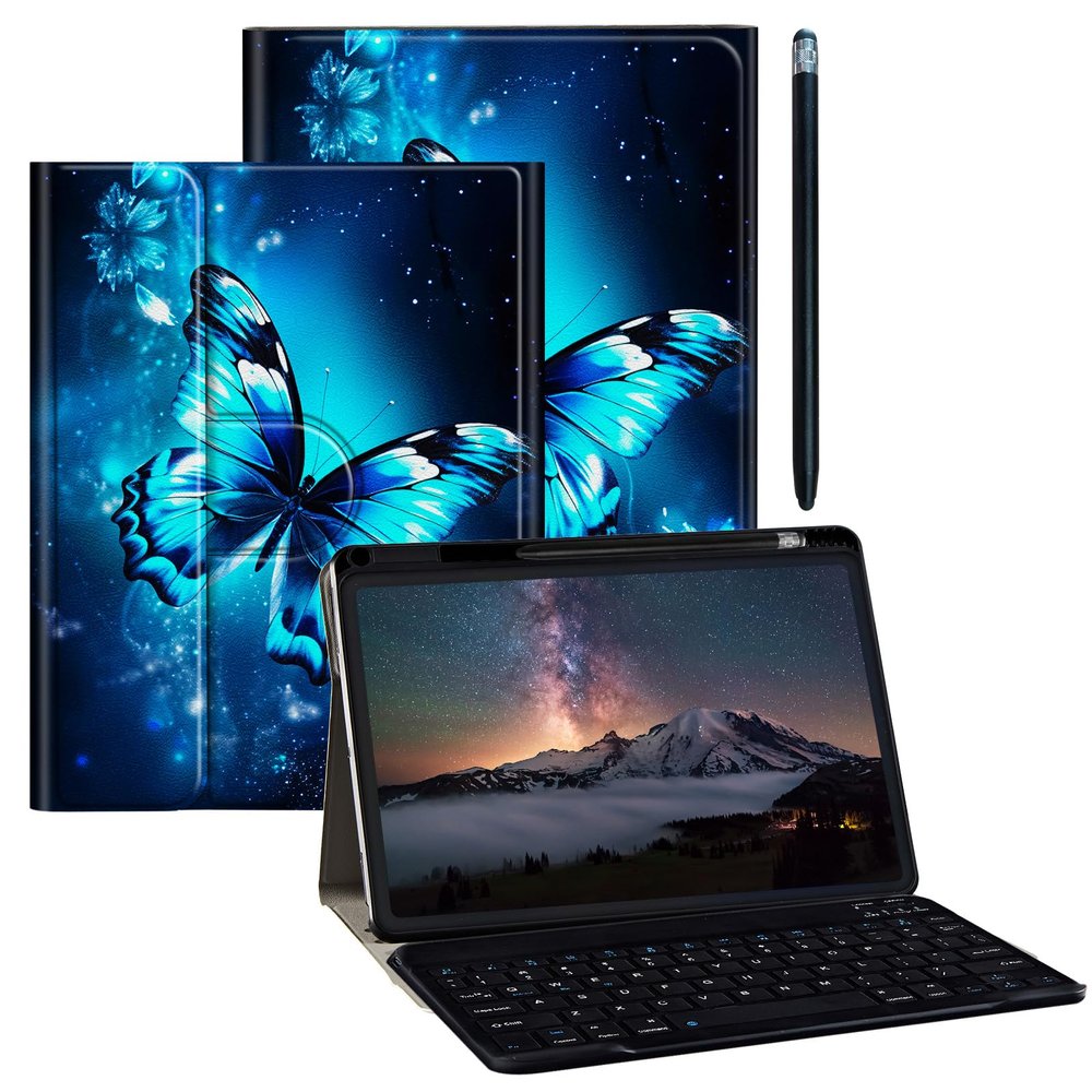 BPQOJB for Galaxy Tab A9 Plus Case with Detachable Wireless Keyboard & 360 Degree Rotating Stand Protect Cover Acrylic Tablet Case for Samsung Galaxy Tab A9 Plus 11 inch 2023 - Cute Blue Butterfly