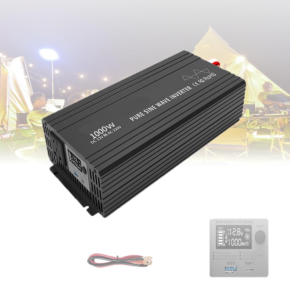 1000W Car Inverter, DC12V-AC110V/220V Power Inverter, Pure Sine Wave Inverter with LCD Display One AC Outlet and Charging Port, Converter,for Outdoor Camping,12V-110V