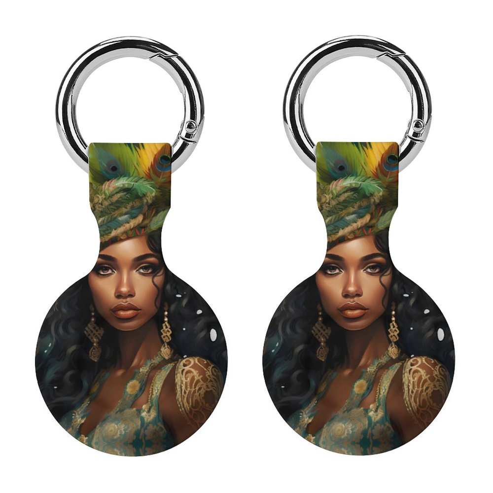 African American Women Silicone Protective Case for AirTag Tracker Cover Holder with Key Ring 2PCS