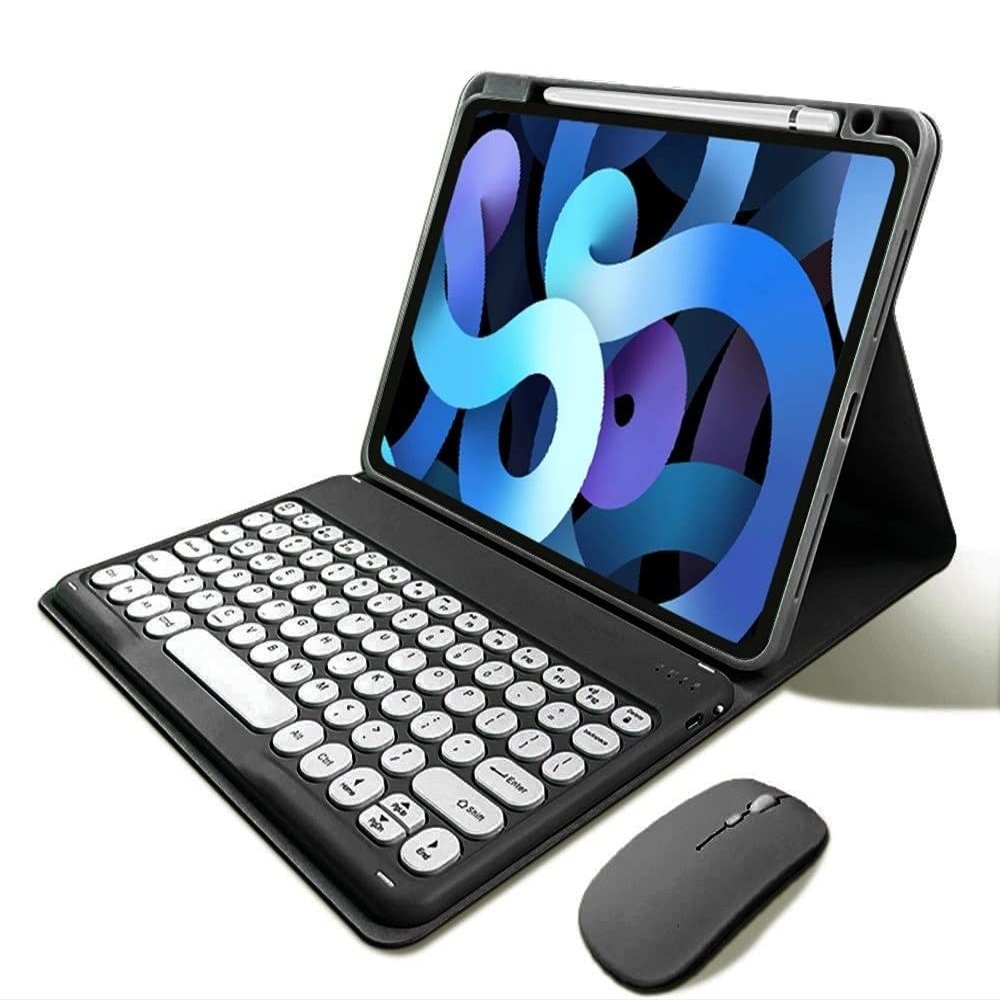 kaitesi Keyboard Case for iPad Pro 11 inch (M5/M4, 2025/2024) Case with Mouse Cute Round Keys Detachable Bluetooth Keyboard Slim Smart Cover Supports Pencil Charging,Black+White
