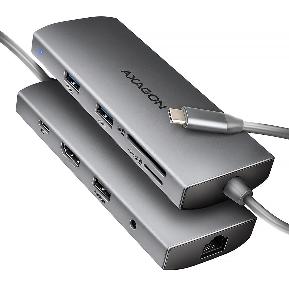 AXAGON HMC-8HLSA USB-C 3.2 Gen 1 Multiport-Hub, 3X USB-A 4K/60Hz HDMI SD/microSD, Gigabit LAN, A