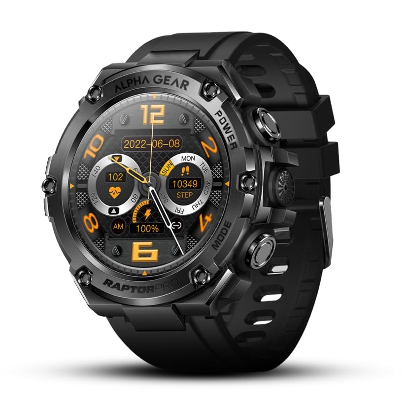 ALPHAGEAR Raptor PRO Smartwatch for iPhone & Android, Rugged Smart Watch (Answer/Make Call), Wellness Tracker with 1.58" AMOLED Screen, 10-14 Days Battery, 5 ATM (2xScreen Protector Included)