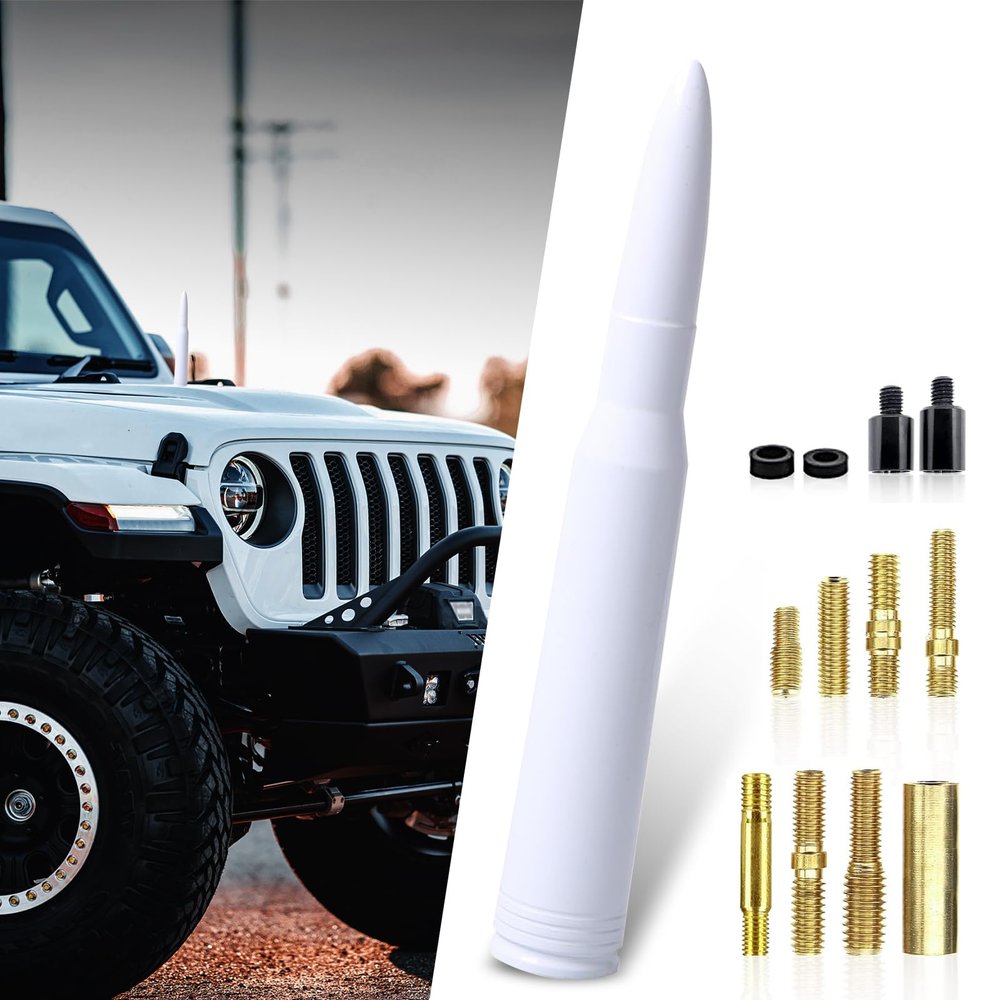 pinflaw 1 PC Car Bullet Antenna, Alloy Copper Stable Radio Signal Receiving Replacement Adapters Antenna, Auto Modification Accessories, Compatible with Ford F150, Wrangler, Jeep, Chevrolet (White)