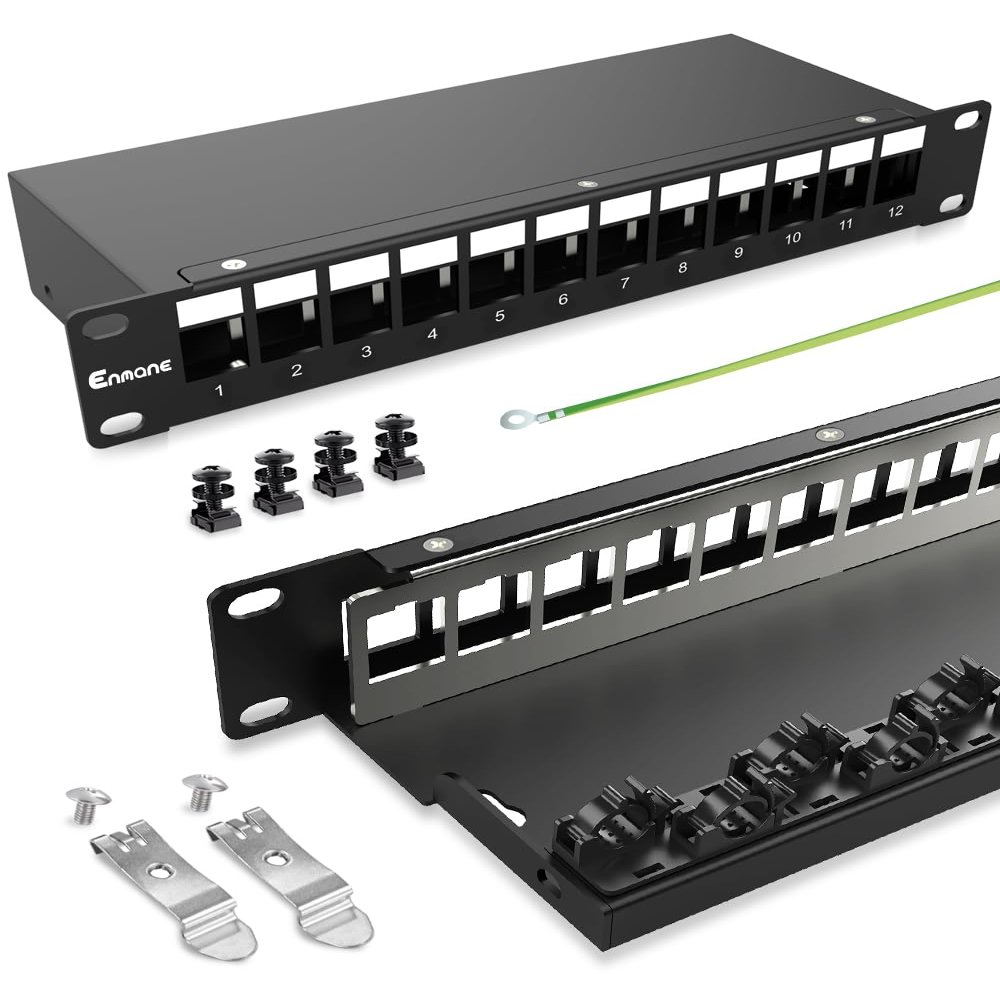 Enmane 12 Port Blank Keystone Patch Panel for Rackmount &Wall Mount STP/UTP 1U10 Inch Network Patch Panel