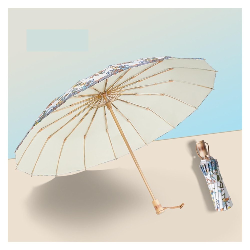 RENEESME Umbrellas for Rain 16 Rib Folding Umbrella Golden Frame Large Umbrella Rain Or Shine Umbrella 16 Rib Umbrella Strong Umbrella for Wind and Rain(Color:A)