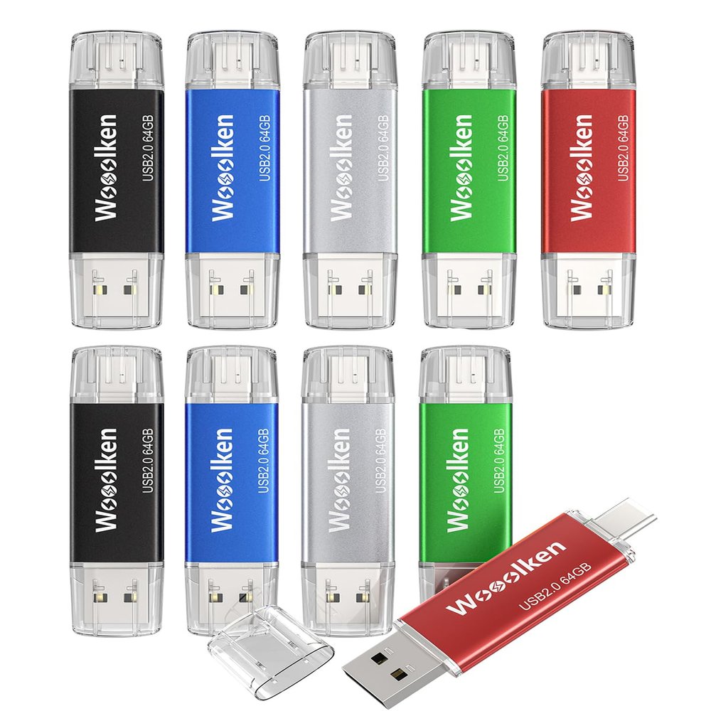 USB C Flash Drive 64GB 10 Pack, Wooolken Type-C Flash Drive + USB 2.0 Thumb Drive OTG Memory Stick Compatible with iPhone 16/15, Android Smartphone/Tablets/Computers
