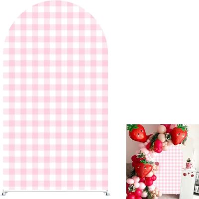 Iydamc Strawberry Theme Arched Fabric Backdrop Covers Photography Background Pink Plaid Arch Stand Stretchy Covers for Kids ONE Birthday Baby Shower Party Decor Props (4.6x8FT Only Cover)
