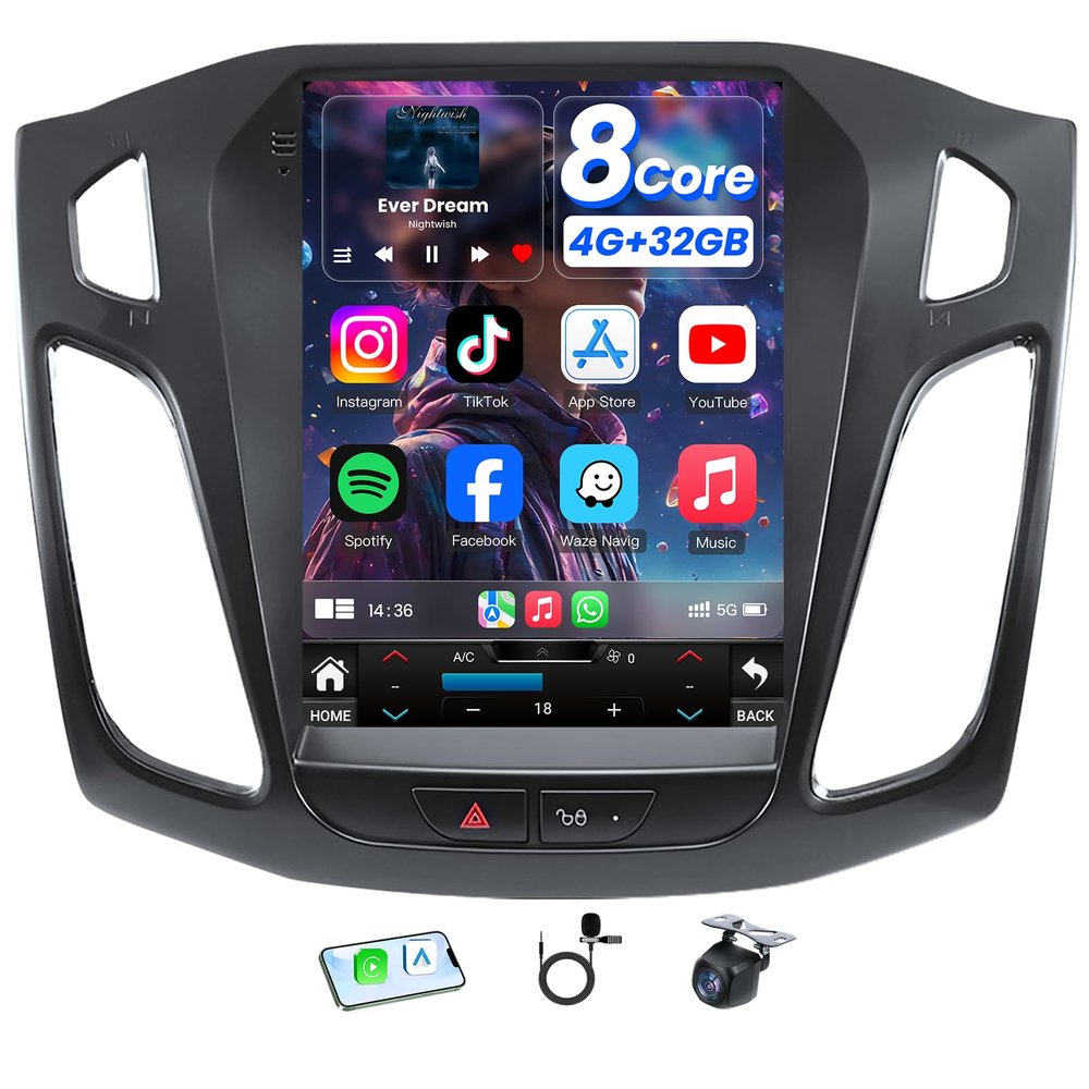 [8Core 4+32] Car Radio Stereo for Ford Focus 2012-2018: 10.4 Inch Touch Screen Head Unit Replacement 5GWIFI Wireless Carplay Android Auto Bluetooth5.0 GPS FM Backup Camera SWC Mic