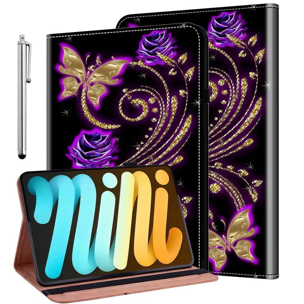 ALILANG Case for iPad mini 7 (A17 Pro) 2024 / iPad mini 6 2021 8.3 inch with Stylus, Ultra-Thin PU Leather Shockproof Folding Stand Cover for iPad mini 7th/6th Generation Case -Purple Butterfly
