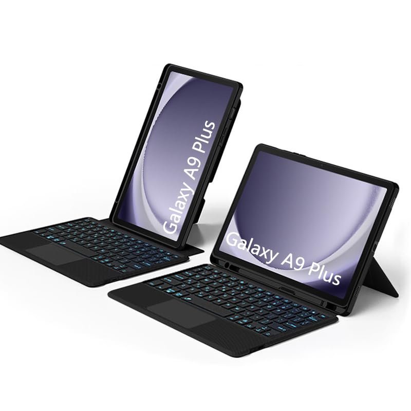 QYiiD Keyboard Case for Galaxy Tab A9+ Plus 11 Inch 2023 Model (SM-X210/X216/X218), 360 Degree Rotating, Silicone+ABS Case, Magnetic Detachable Kickstand Case with Bluetooth Backlit Trackpad Keyboard