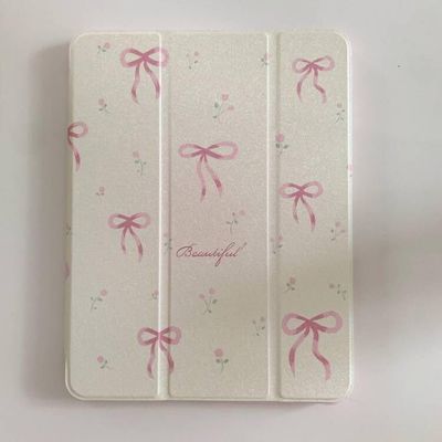 Adjustable Kickstand Mirror Leather Hard Folio Case for Apple Cream White Color Pink Bow Ribbon Beautiful Floral Cute Chic Adorable Lovely Girls Kids (for iPad Pro 5 (5th Generation 2021) 12.9-Inch)