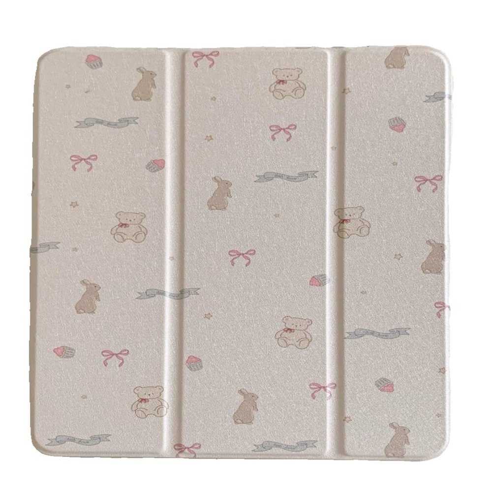 Adjustable Kickstand Mirror Leather Hard Folio Case for Apple Cream White Color Rabbit Bunny Teddy Bear Bow Cupcake Ribbon Cartoon Cute Lovely Girls Kids (for iPad Air 3 10.5-inch 3rd Generation 2019)