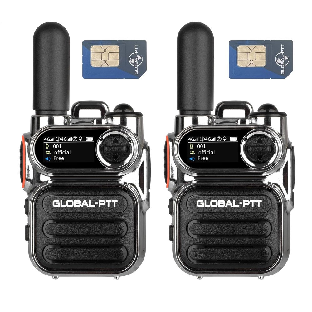 globalptt Advanced Walkie Talkie 2-Pack with Sim Cards 4G Connectivity for Global Communication - Integrated Flashlight and Multi-Function Keys for Two Way Radios Long Range (Silver)