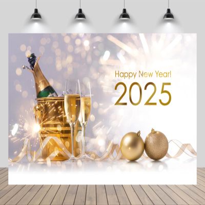 CHNYWORK 12x10ft Happy New Year Backdrop 2025 Champagne Glass Fireworks Golden Christmas Balls Background Happy New Year Eve Xmas Party Decoration Portrait Photo Studio Booth Props Wallpaper