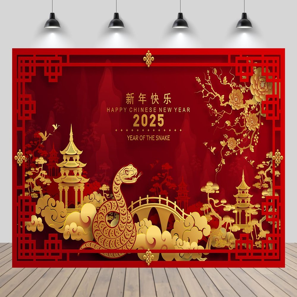 CHNYWORK 7x5ft Happy Chinese New Year Backdrop 2025 Year of The Snake Chinese Paper Cutting Snake Chinese Architecture Red Background Happy Lunar New Year's Eve Party Decor Portrait Photo Booth Props