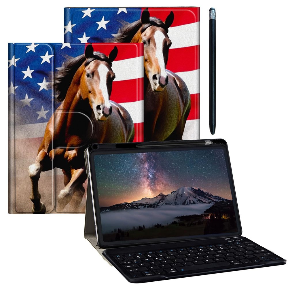 BPQOJB for iPad 9.7 Case 6th/5th Generation Case for iPad Air/Air 2 Case with Detachable Wireless Keyboard & 360 Degree Rotating Stand Protect Cover Acrylic Tablet Case - Running Horse American Flag