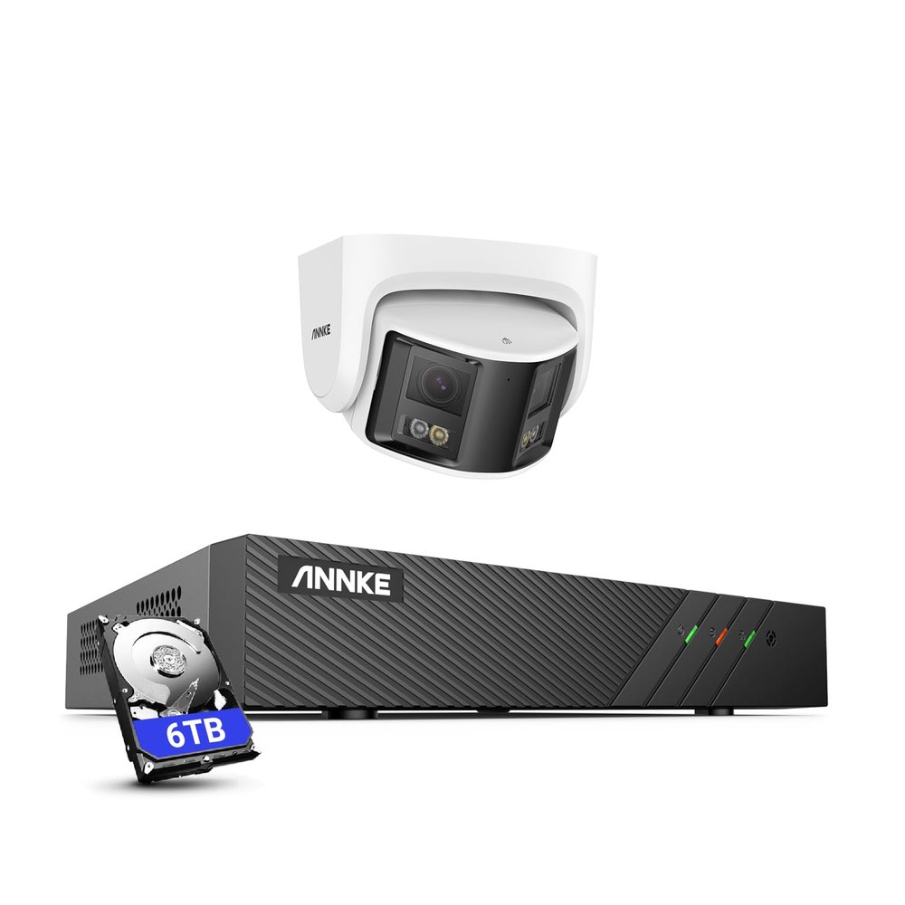 ANNKE 6MP NVR PoE Security Camera System Outdoor, 8CH H.265+ NVR, 1x 6MP IP Surveillance Camera with Dual Lens 180 Filed of View, Color Night Vision, Person/Vehicle Detection, Two-Way Talk, 6TB HDD