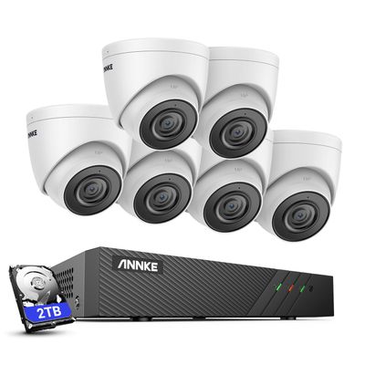 ANNKE H500 5MP PoE Security Camera System, 6pcs PoE Camera with 2.8MM Lens, H.265+ 6MP NVR Support Work with Alexa, Color Night Vision, IP67 Waterproof, Motion Detection, Remote Monitor, 2TB HDD