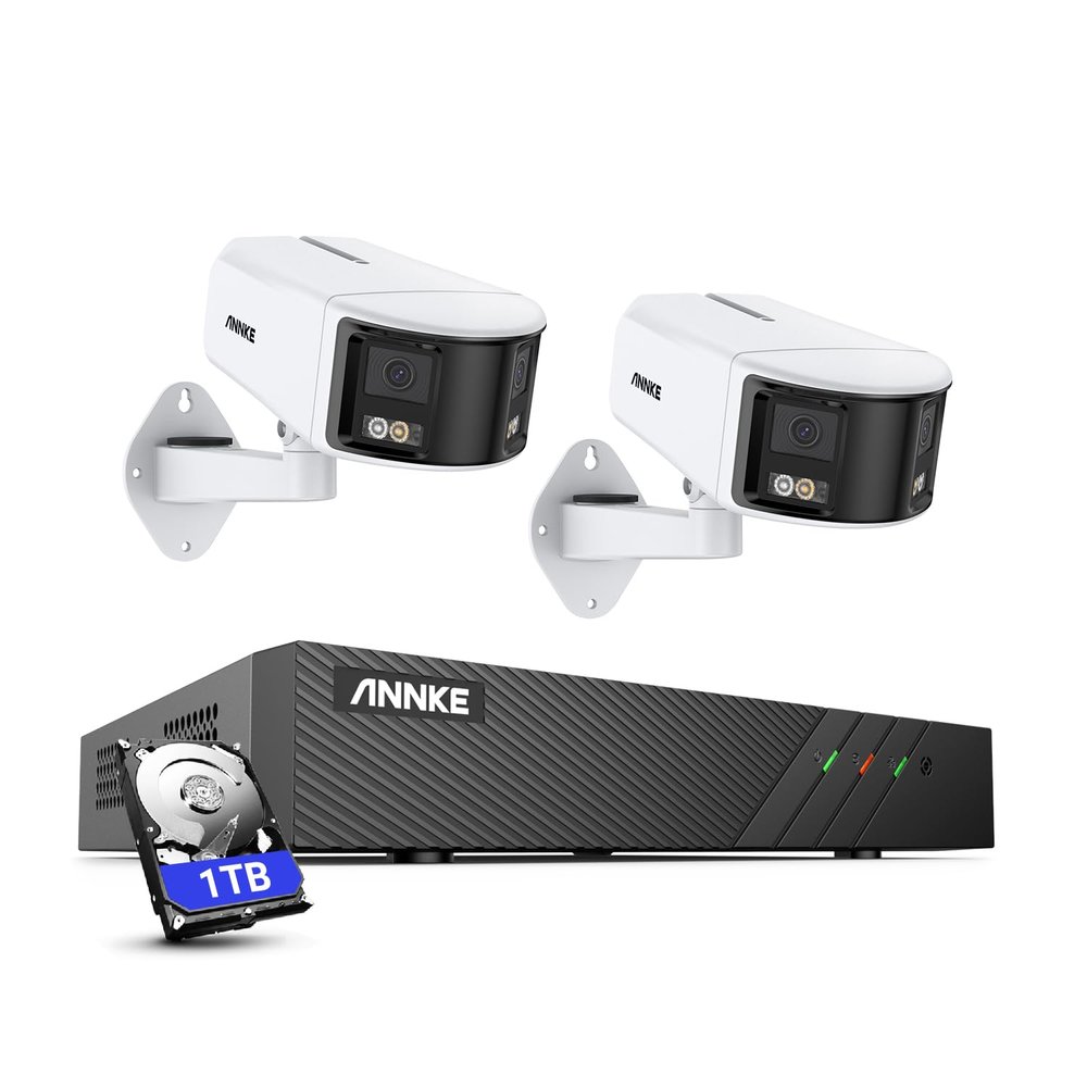 ANNKE Dual-Lens Outdoor Security Camera System, H.265+ 8CH NVR, 2pcs 6MP Panoramic PoE Camera with 180 FoV, Color Night Vision, Smart Human&Vehicle Detection, Two Way Audio, 1TB HDD